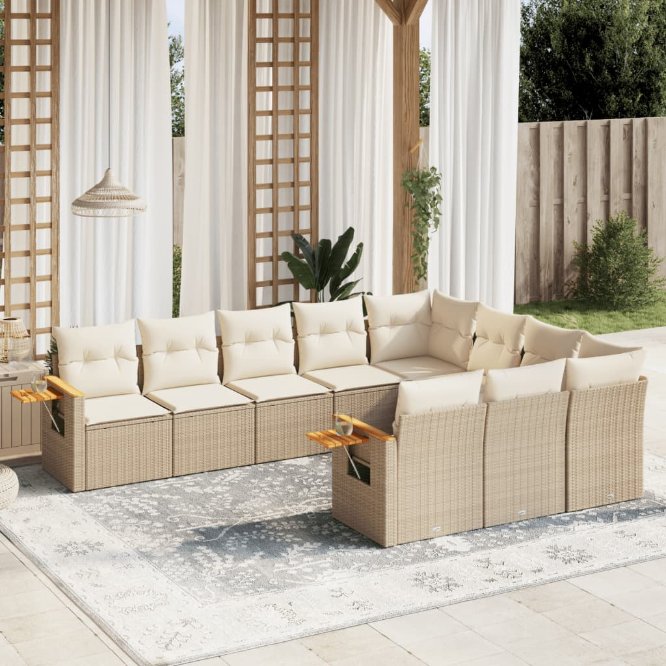 vidaXL 10-tlg. Garten-Sofagarnitur mit Kissen Schwarz Poly Rattan