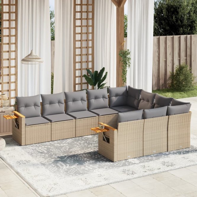 vidaXL 10-tlg. Garten-Sofagarnitur mit Kissen Schwarz Poly Rattan