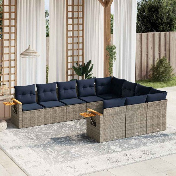 vidaXL 10-tlg. Garten-Sofagarnitur mit Kissen Schwarz Poly Rattan