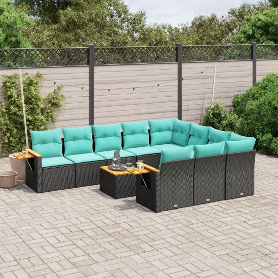 vidaXL 10-tlg. Garten-Sofagarnitur mit Kissen Schwarz Poly Rattan