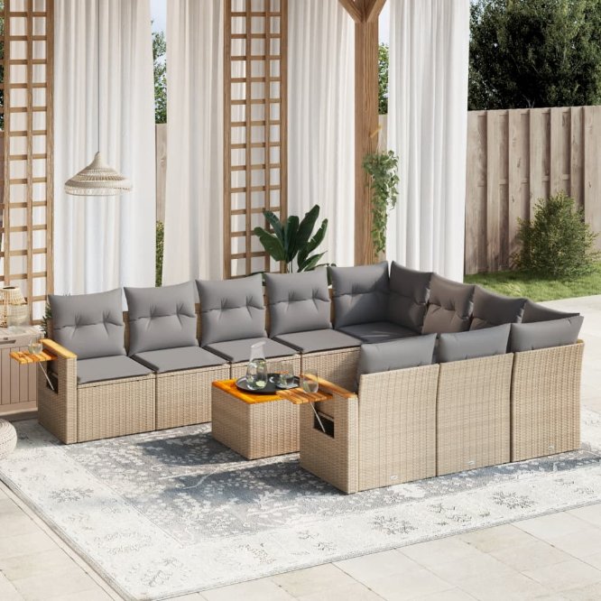 vidaXL 10-tlg. Garten-Sofagarnitur mit Kissen Schwarz Poly Rattan