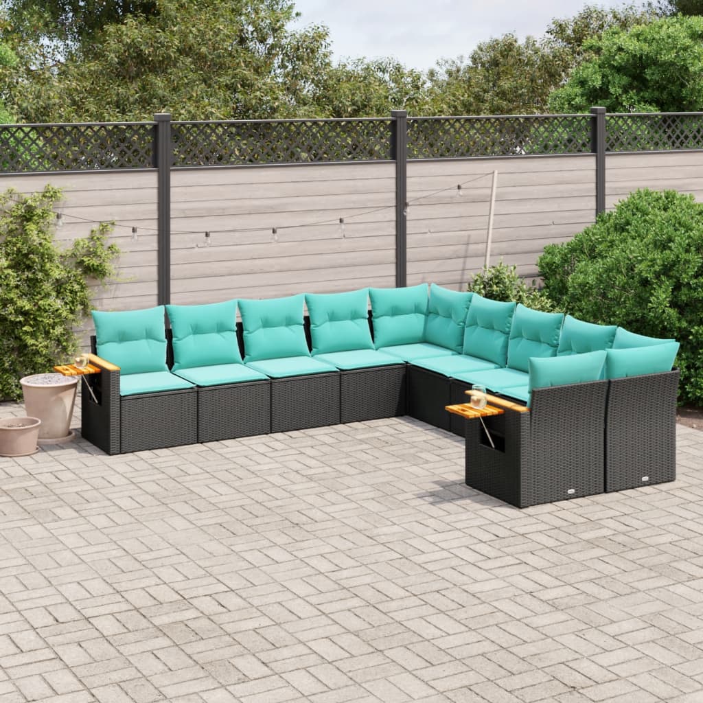 vidaXL 10-tlg. Garten-Sofagarnitur mit Kissen Schwarz Poly Rattan