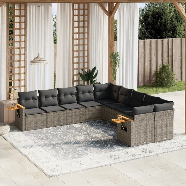 vidaXL 10-tlg. Garten-Sofagarnitur mit Kissen Schwarz Poly Rattan