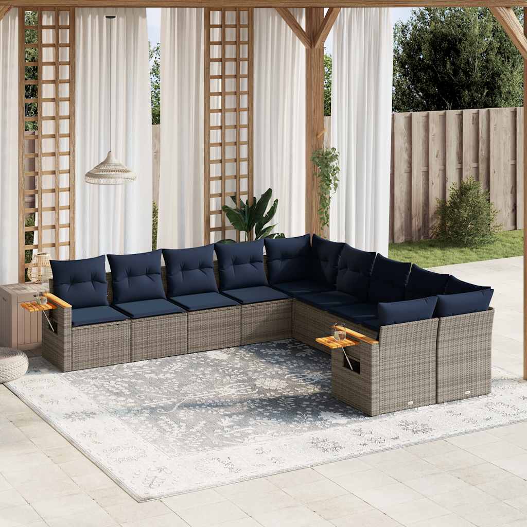 vidaXL 10-tlg. Garten-Sofagarnitur mit Kissen Schwarz Poly Rattan