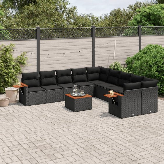 vidaXL 10-tlg. Garten-Sofagarnitur mit Kissen Schwarz Poly Rattan