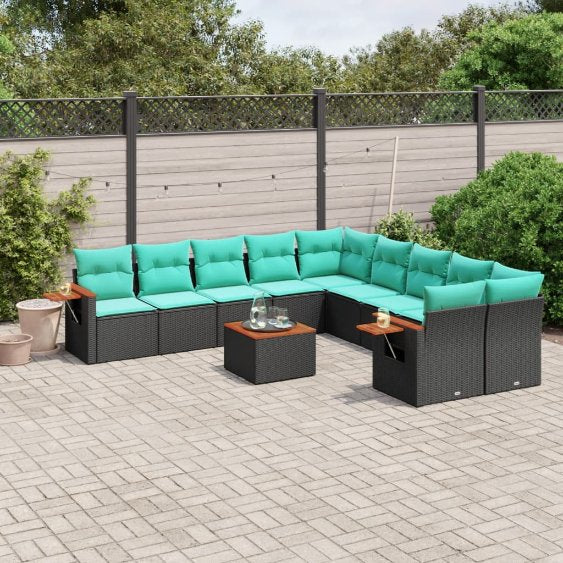 vidaXL 10-tlg. Garten-Sofagarnitur mit Kissen Schwarz Poly Rattan