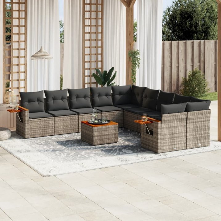 vidaXL 10-tlg. Garten-Sofagarnitur mit Kissen Schwarz Poly Rattan