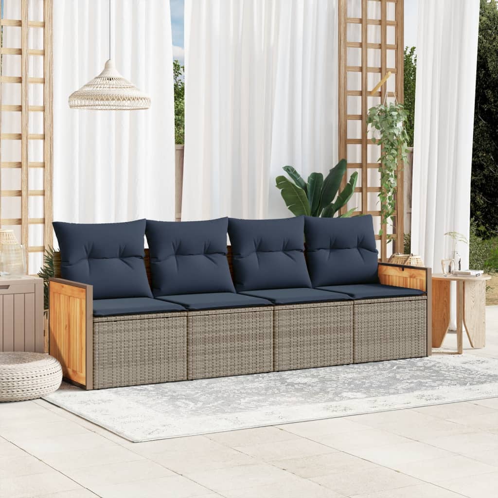 4-teiliges Gartensofa-Set mit Kissen, schwarzes Polyrattan