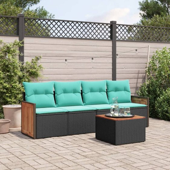 4-teiliges Gartensofa-Set mit Kissen, schwarzes Polyrattan