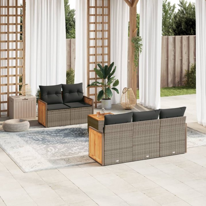 6-tlg. Garten-Sofagarnitur mit Kissen Schwarz Poly Rattan