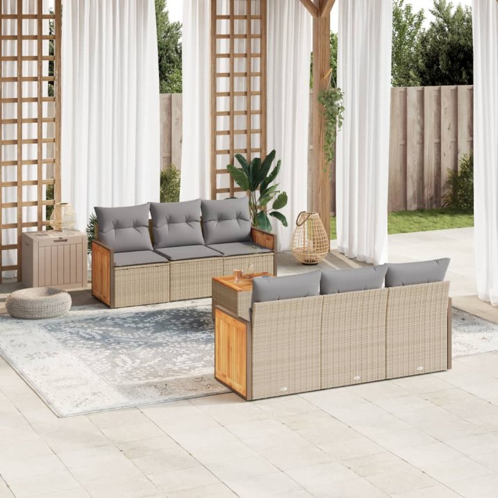 7-tlg. Garten-Sofagarnitur mit Kissen Schwarz Poly Rattan