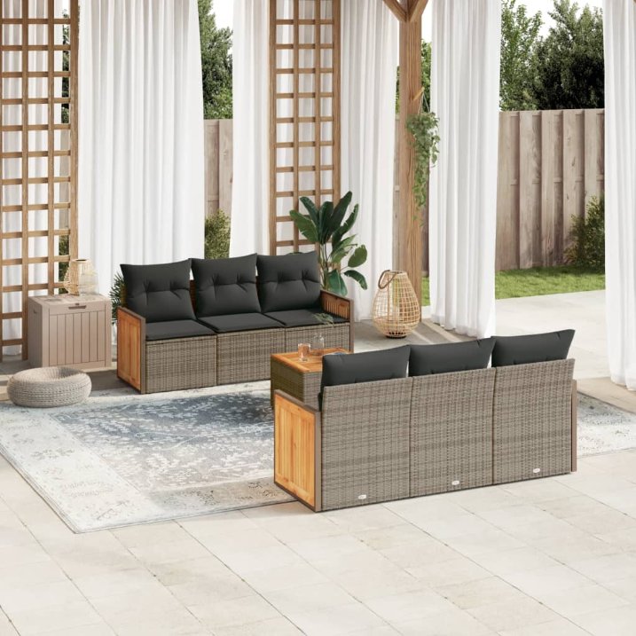 7-tlg. Garten-Sofagarnitur mit Kissen Schwarz Poly Rattan