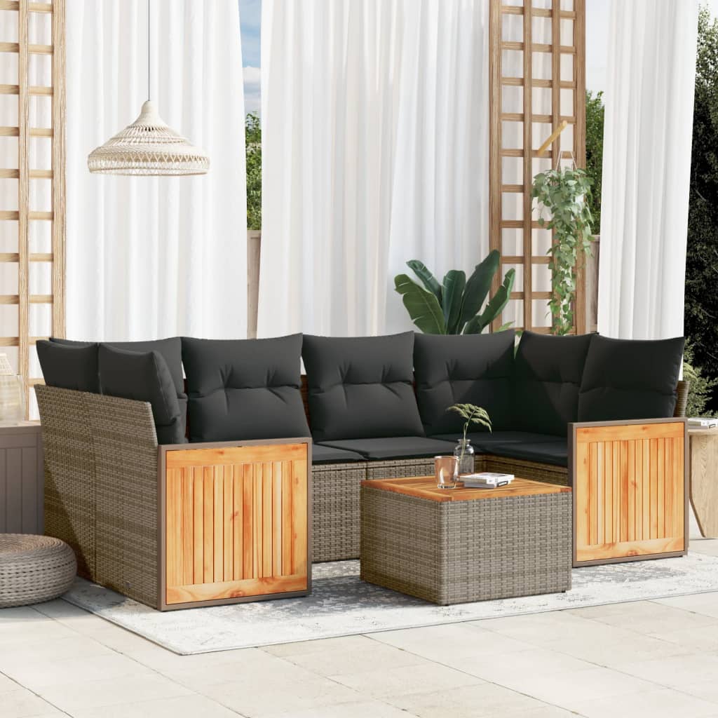 7-tlg. Garten-Sofagarnitur mit Kissen Schwarz Poly Rattan