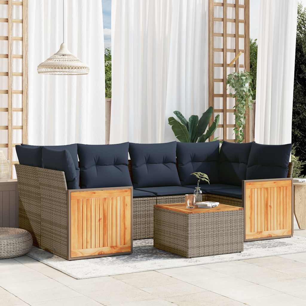 7-teiliges Gartensofa-Set mit Kissen, schwarzes Polyrattan