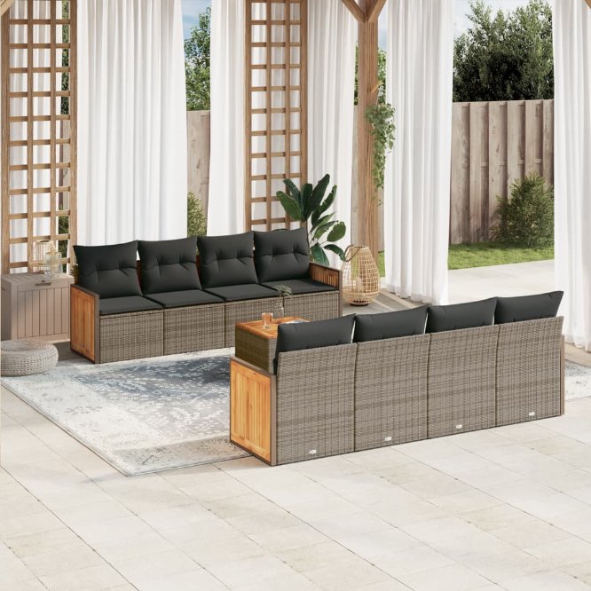 9-tlg. Garten-Sofagarnitur mit Kissen Schwarz Poly Rattan