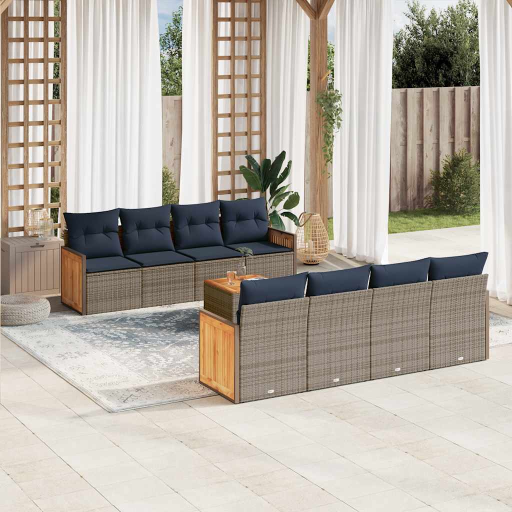 9-teiliges Gartensofa-Set mit Kissen, schwarzes Polyrattan