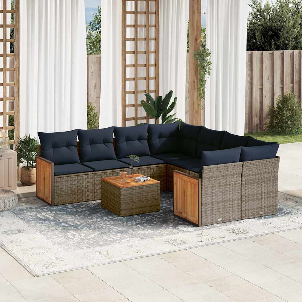 9-teiliges Gartensofa-Set mit Kissen, schwarzes Polyrattan
