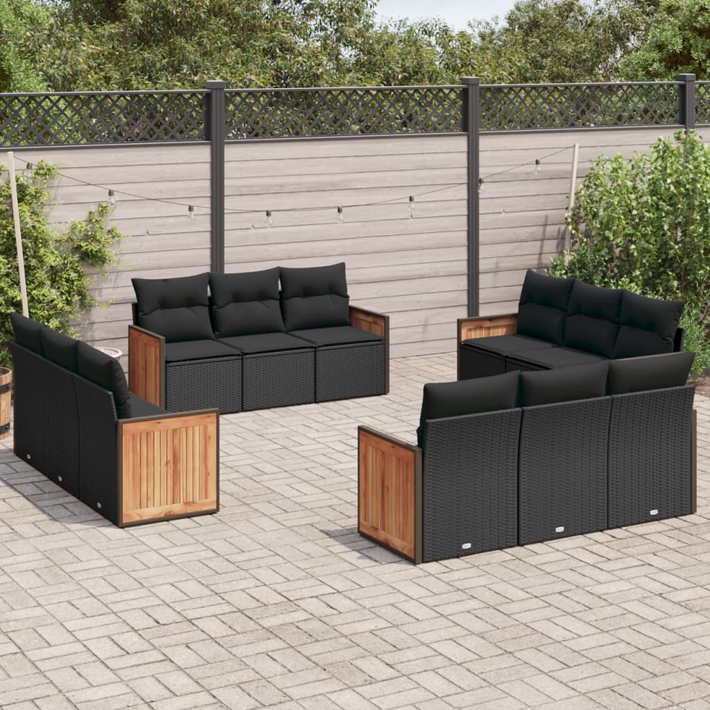 vidaXL 12-tlg. Garten-Sofagarnitur mit Kissen Schwarz Poly Rattan
