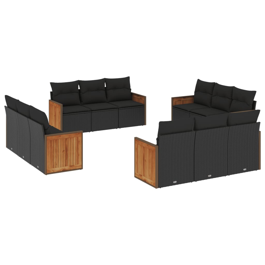 vidaXL 12-tlg. Garten-Sofagarnitur mit Kissen Schwarz Poly Rattan