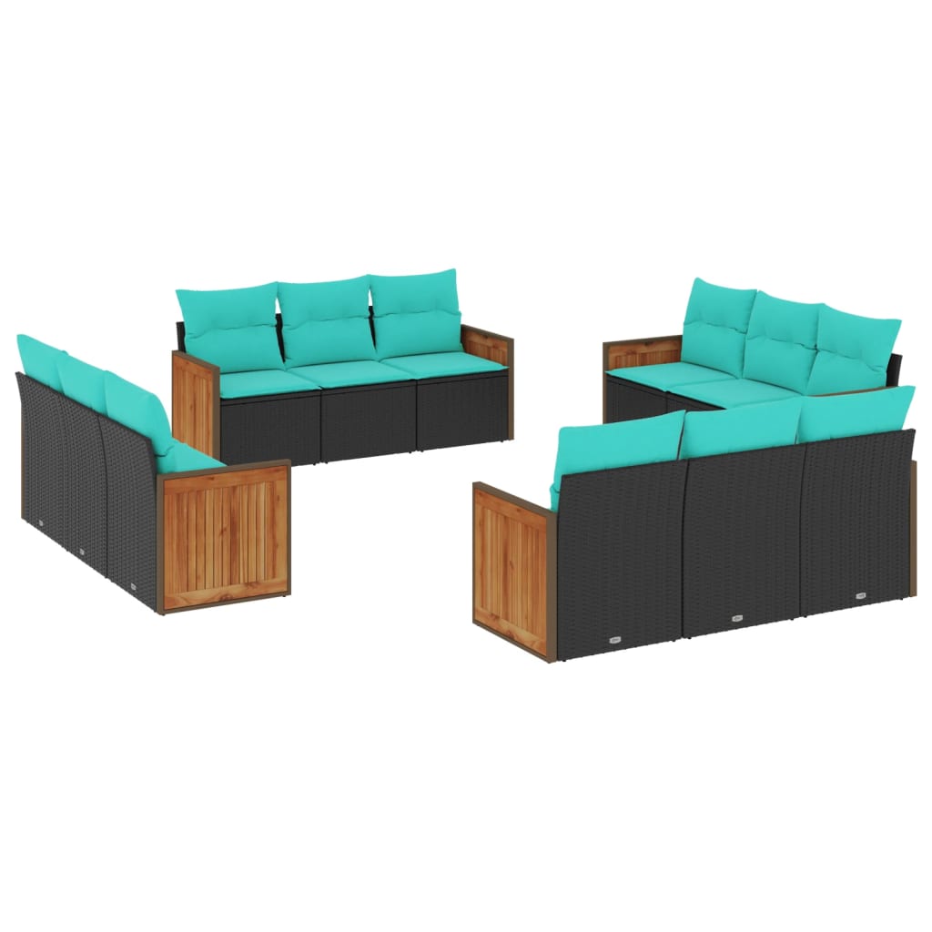 vidaXL 12-teiliges Gartensofa-Set mit Kissen, schwarzes Polyrattan