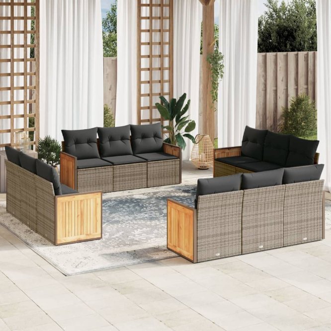12-tlg. Garten-Sofagarnitur mit Kissen Schwarz Poly Rattan