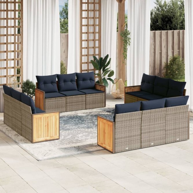 vidaXL 12-teiliges Gartensofa-Set mit Kissen, schwarzes Polyrattan