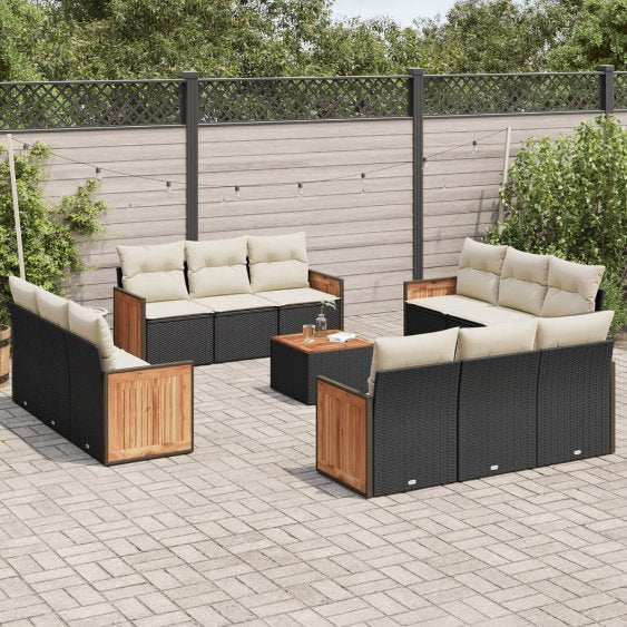 12-tlg. Garten-Sofagarnitur mit Kissen Schwarz Poly Rattan