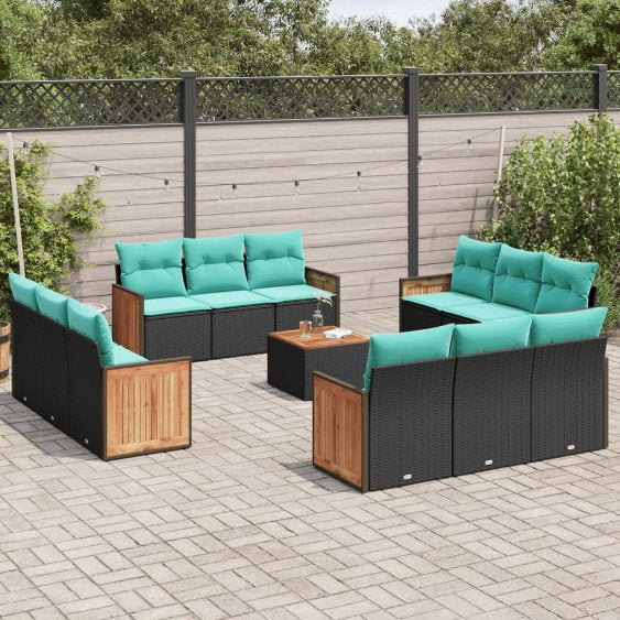 vidaXL 12-teiliges Gartensofa-Set mit Kissen, schwarzes Polyrattan