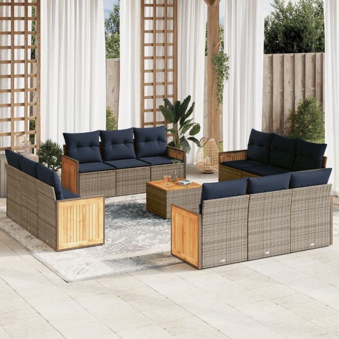 vidaXL 12-teiliges Gartensofa-Set mit Kissen, schwarzes Polyrattan