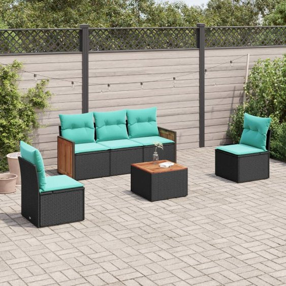 5-teiliges Gartensofa-Set mit Kissen, schwarzes Polyrattan