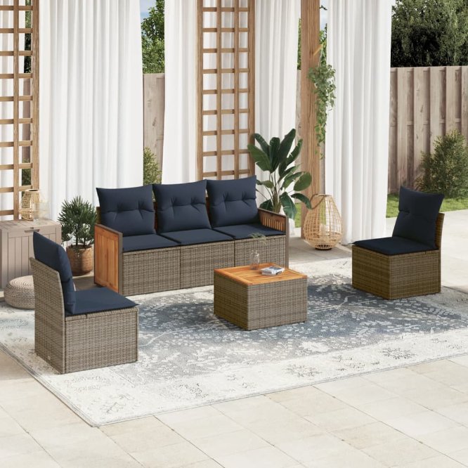 5-teiliges Gartensofa-Set mit Kissen, schwarzes Polyrattan