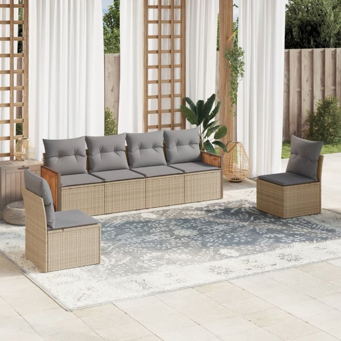 6-tlg. Garten-Sofagarnitur mit Kissen Schwarz Poly Rattan