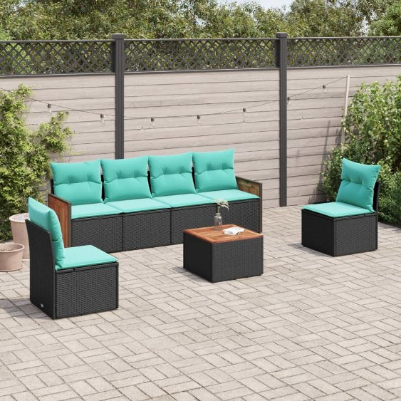 6-teiliges Gartensofa-Set mit Kissen, schwarzes Polyrattan