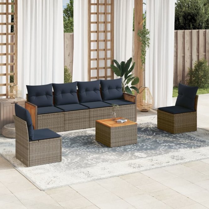 6-teiliges Gartensofa-Set mit Kissen, schwarzes Polyrattan