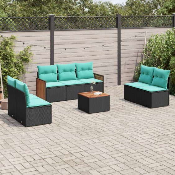 7-teiliges Gartensofa-Set mit Kissen, schwarzes Polyrattan