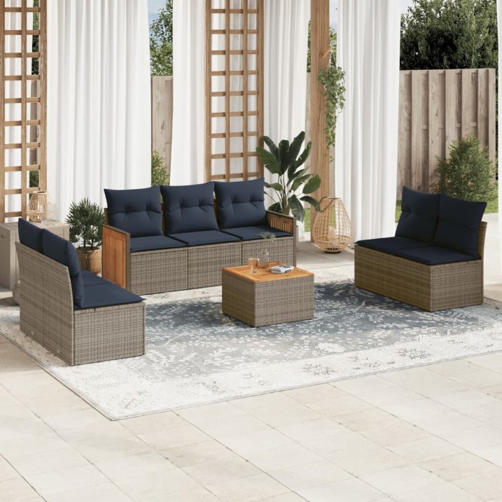 7-teiliges Gartensofa-Set mit Kissen, schwarzes Polyrattan