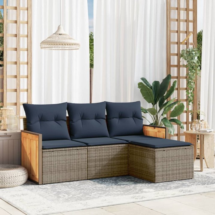 4-teiliges Gartensofa-Set mit Kissen, schwarzes Polyrattan