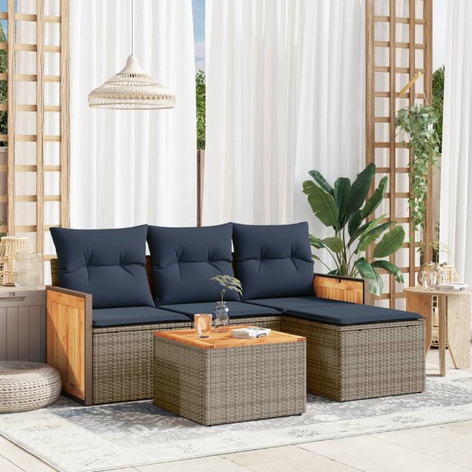 4-teiliges Gartensofa-Set mit Kissen, schwarzes Polyrattan