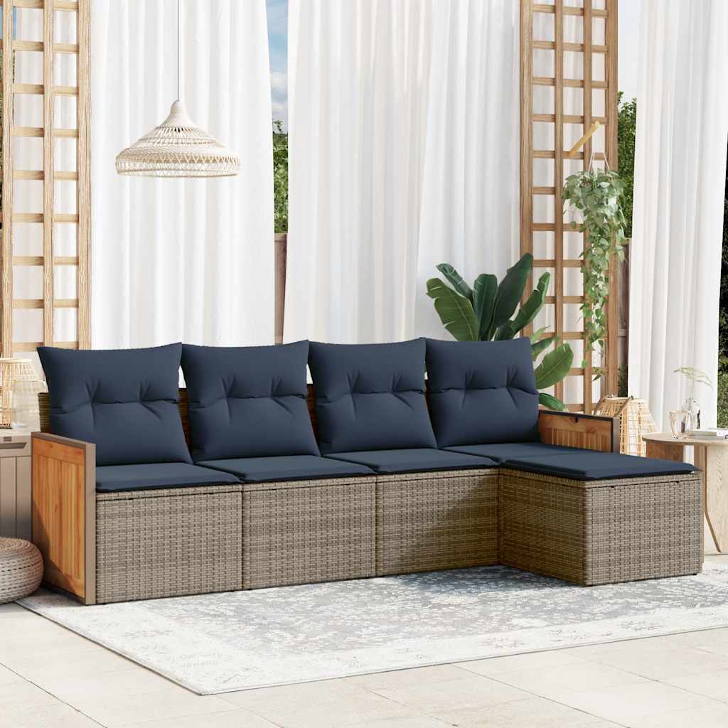 5-teiliges Gartensofa-Set mit Kissen, schwarzes Polyrattan