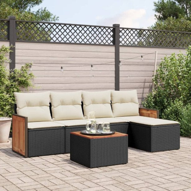 5-tlg. Garten-Sofagarnitur mit Kissen Schwarz Poly Rattan