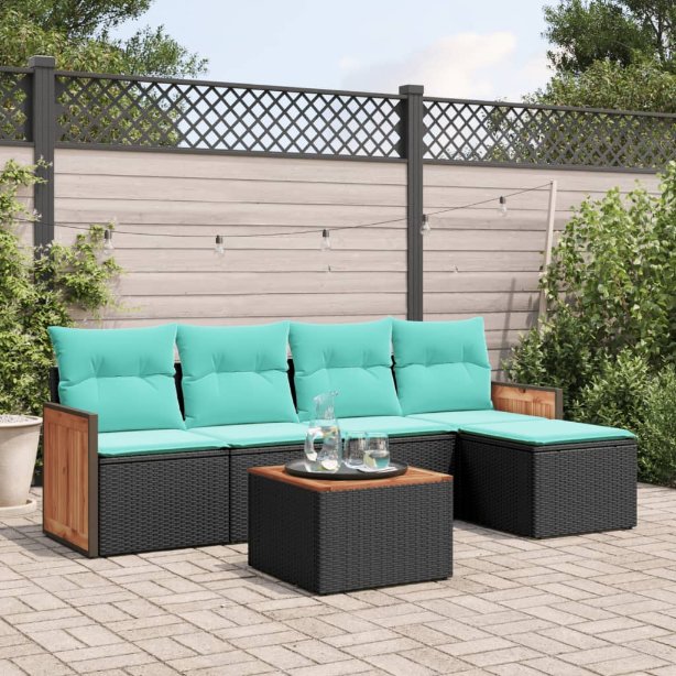 5-teiliges Gartensofa-Set mit Kissen, schwarzes Polyrattan