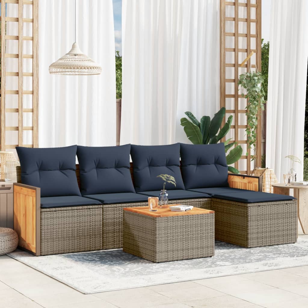 5-teiliges Gartensofa-Set mit Kissen, schwarzes Polyrattan
