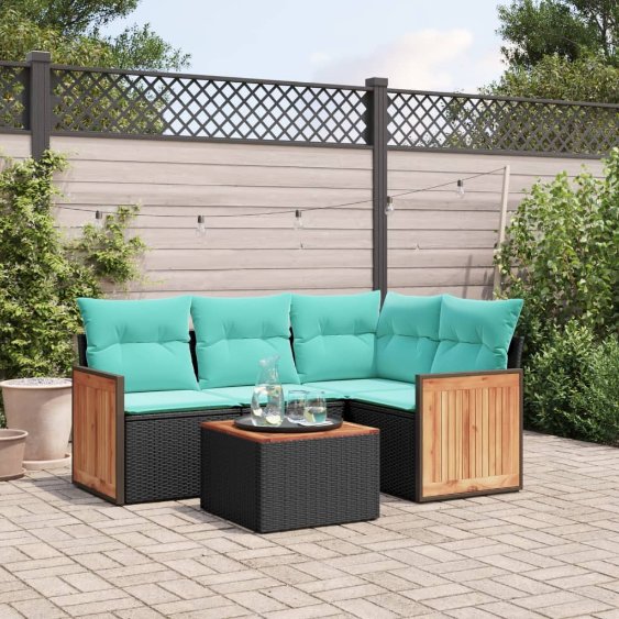 4-teiliges Gartensofa-Set mit Kissen, schwarzes Polyrattan