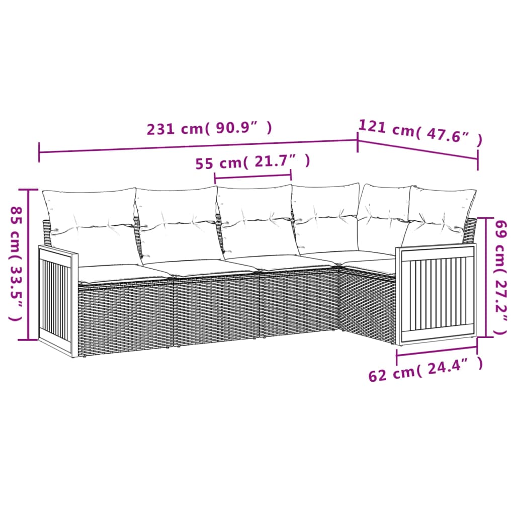 5-teiliges Gartensofa-Set mit Kissen, schwarzes Polyrattan
