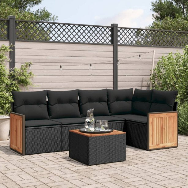 5-tlg. Garten-Sofagarnitur mit Kissen Schwarz Poly Rattan