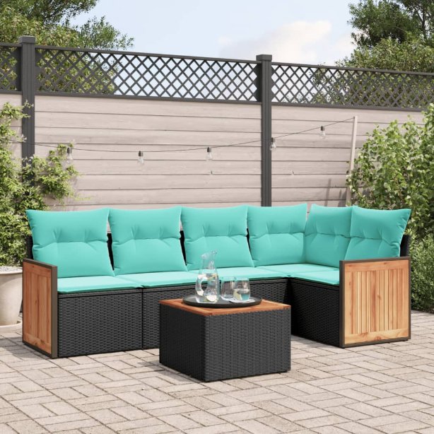 5-teiliges Gartensofa-Set mit Kissen, schwarzes Polyrattan
