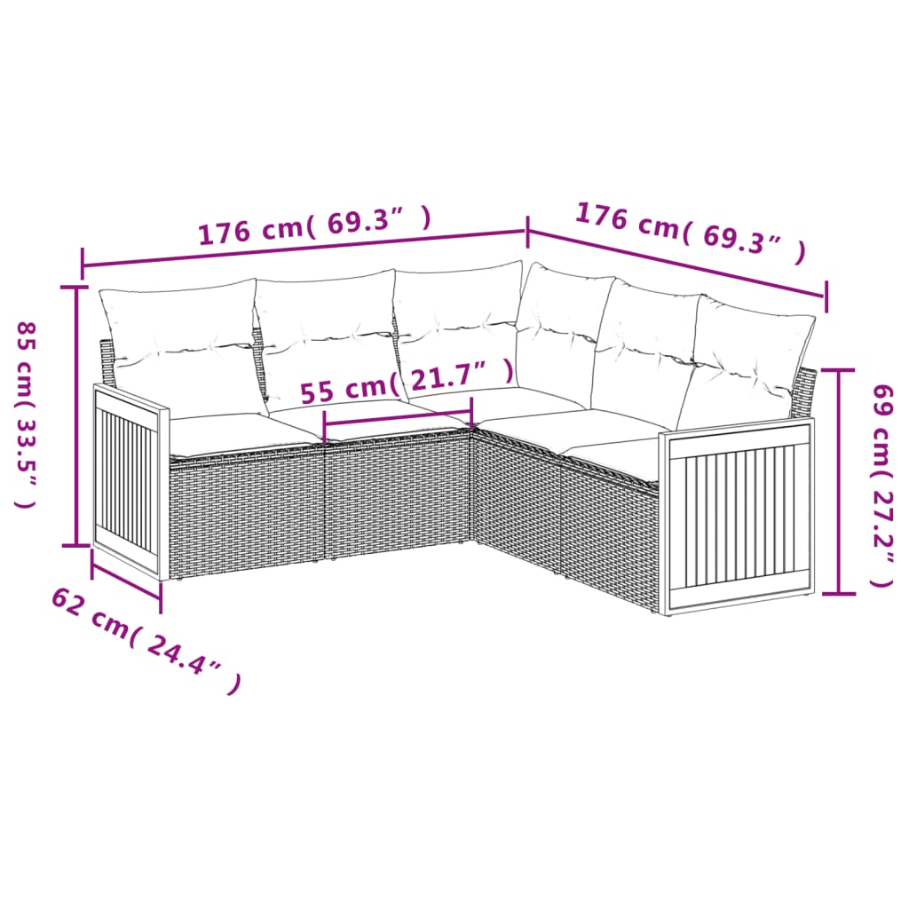 5-teiliges Gartensofa-Set mit Kissen, schwarzes Polyrattan