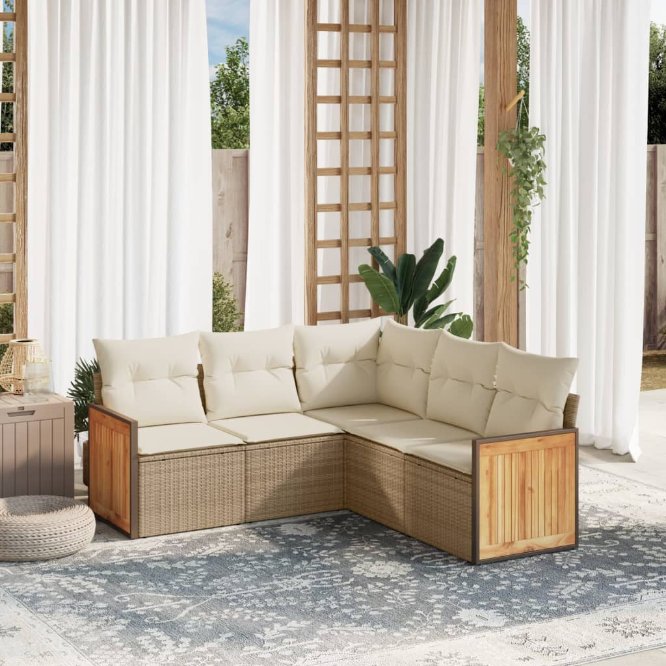 5-tlg. Garten-Sofagarnitur mit Kissen Schwarz Poly Rattan