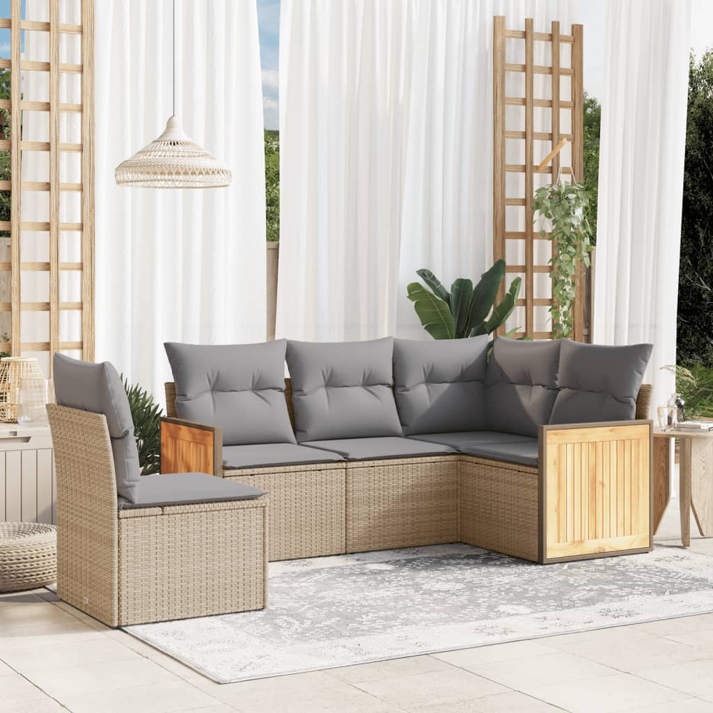 5-tlg. Garten-Sofagarnitur mit Kissen Schwarz Poly Rattan