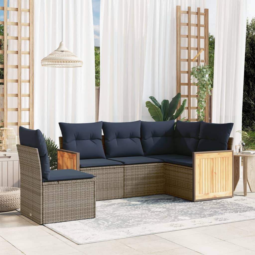 5-teiliges Gartensofa-Set mit Kissen, schwarzes Polyrattan